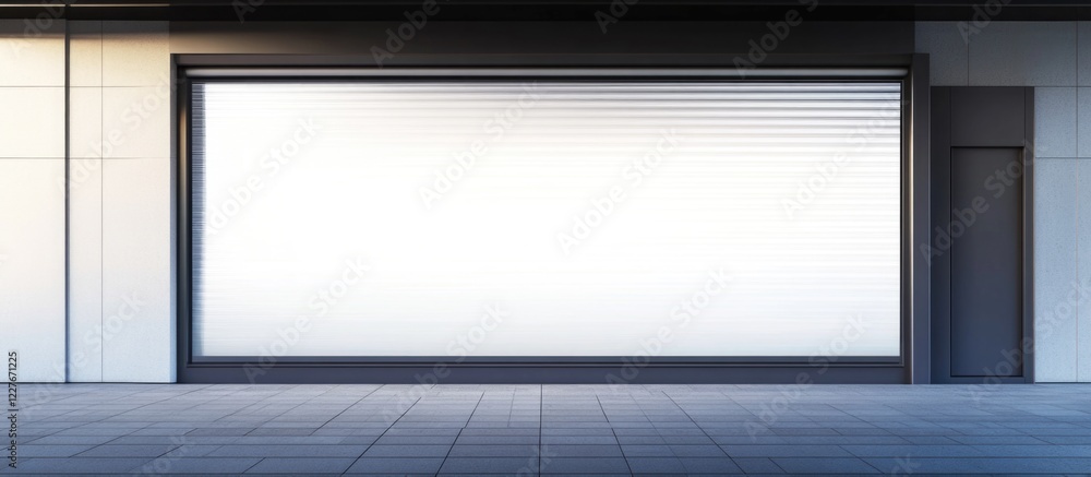 Motorized roller shutter storefront with blank canvas for advertisement and modern exterior design ideal for retail promotion. Motorized roller shutter storefront with blank canvas for advertisement and modern exterior design ideal for retail promotion.
