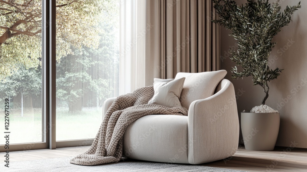 Cozy Minimalist Lounge Chair with Throw Blanket and Potted Plant by Large Window in Bright Room Setting Cozy Minimalist Lounge Chair with Throw Blanket and Potted Plant by Large Window in Bright Room Setting