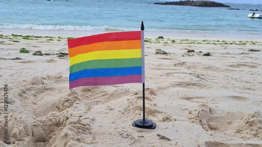 Rainbow flag stands proudly on sandy beach near water highlighting diversity and acceptance Rainbow flag stands proudly on sandy beach near water highlighting diversity and acceptance
