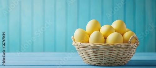 Basket of yellow Easter eggs on blue wooden background with empty copyspace for spring holiday text design and decoration ideas