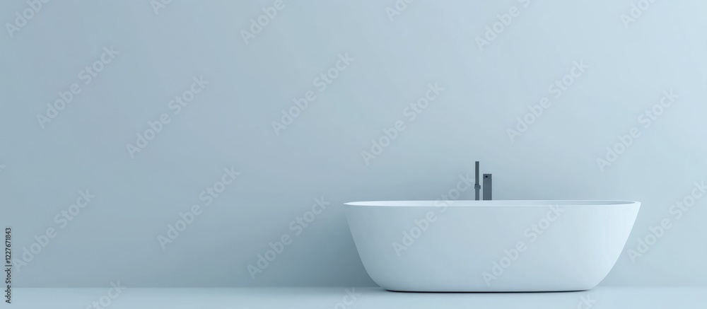 Minimalist bathroom design highlighting a stylish bathtub with a serene light blue backdrop ideal for showcasing text or branding. Minimalist bathroom design highlighting a stylish bathtub with a serene light blue backdrop ideal for showcasing text or branding.