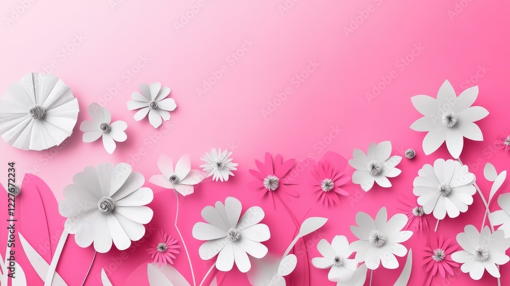 Minimalist pink and white background featuring delicate paper craft flowers for a modern design aesthetic Minimalist pink and white background featuring delicate paper craft flowers for a modern design aesthetic