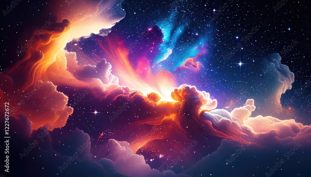 Fototapeta premium Cosmic Cloudscape: Vibrant Nebula and Starry Night