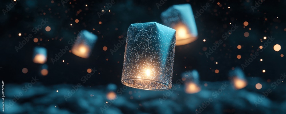 Fototapeta premium Magical Floating Lanterns Illuminating Dark Night Sky