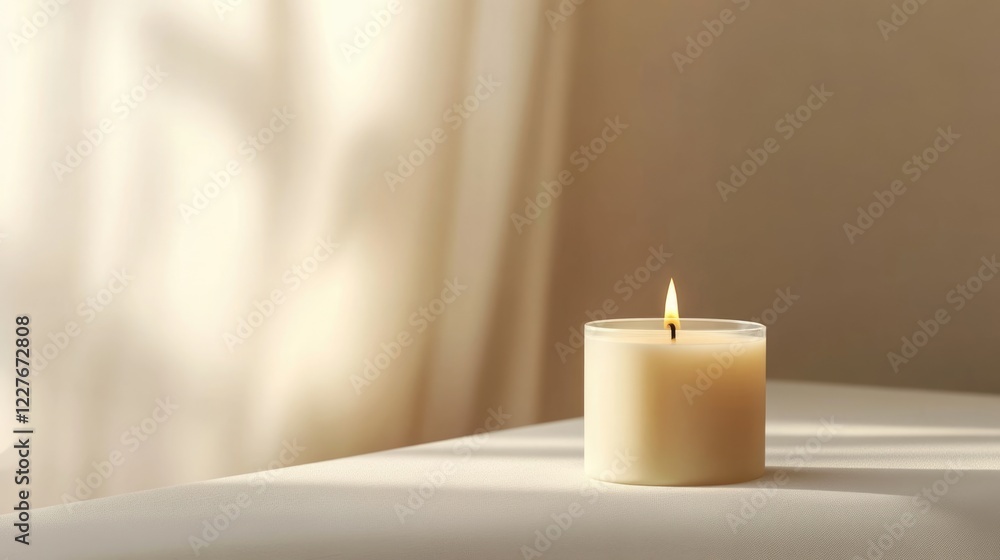 Serene minimalistic candle illuminating a neutral backdrop with soft shadows creating an atmosphere of calm and tranquility. Serene minimalistic candle illuminating a neutral backdrop with soft shadows creating an atmosphere of calm and tranquility.