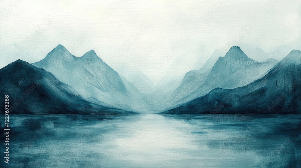 Fototapeta Serene Minimalist Mountain Landscape with Soft Blue Tones and Calm Reflections in Water