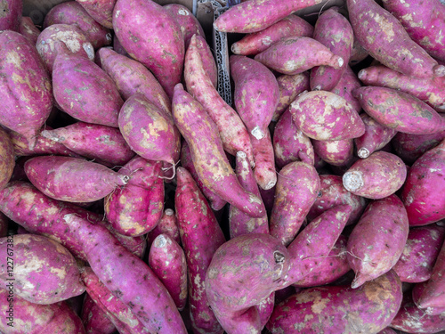 Obraz na płótnie Fresh Sweet Potatoes at a Local Market. w salonie