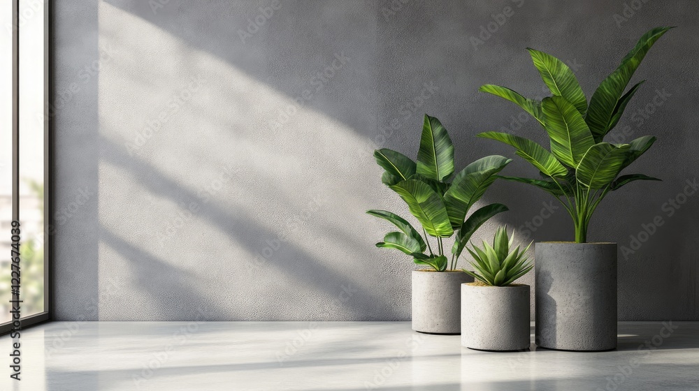 Fototapeta premium Stylish Minimalist Interior Featuring Houseplants in Elegant Stone Pots and Soft Natural Light