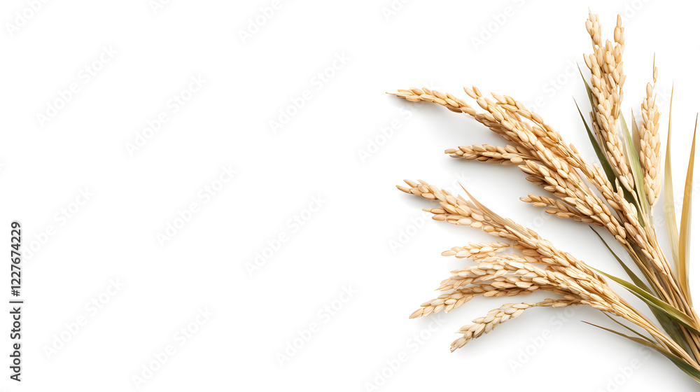 Fototapeta premium Golden Rice Harvest: A delicate arrangement of ripe rice stalks, showcasing their golden hues and intricate details, rests against a clean backdrop.