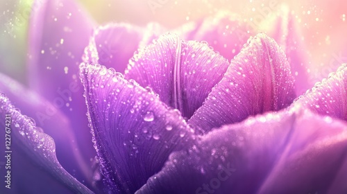 Dew-kissed purple tulip close-up, garden background, spring freshness, greeting card