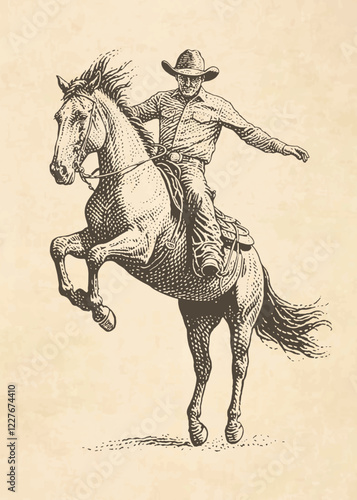 Cowboy riding a bucking bronco in a rodeo