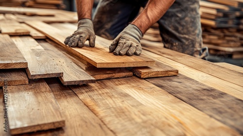 Wallpaper Mural Craftsman arranging hardwood planks in a factory workshop focused on woodworking and craftsmanship efficiency. Torontodigital.ca