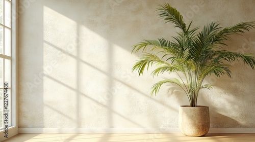 Minimalist indoor setting with palm tree and textured wall natural light casting shadows relaxing tropical ambiance empty space for text