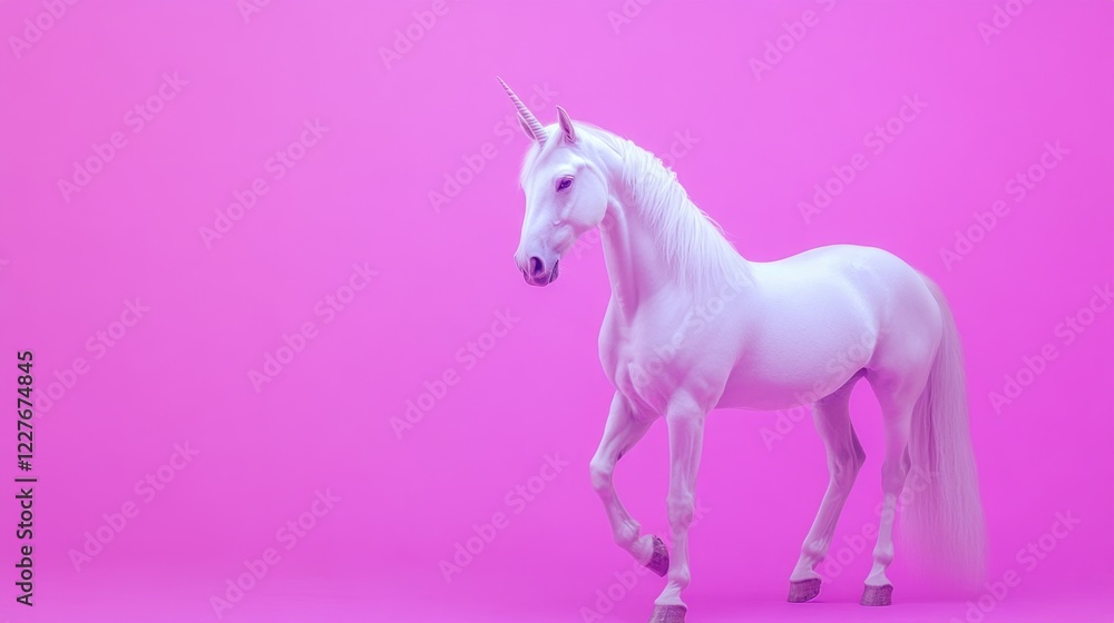 Fototapeta premium Majestic white unicorn against a vibrant purple backdrop embodying a fairytale theme with ample copyspace for creative use