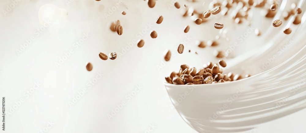 Coffee beans cascading into a white cup with a minimalist background perfect for advertisements or editorial use Coffee beans cascading into a white cup with a minimalist background perfect for advertisements or editorial use