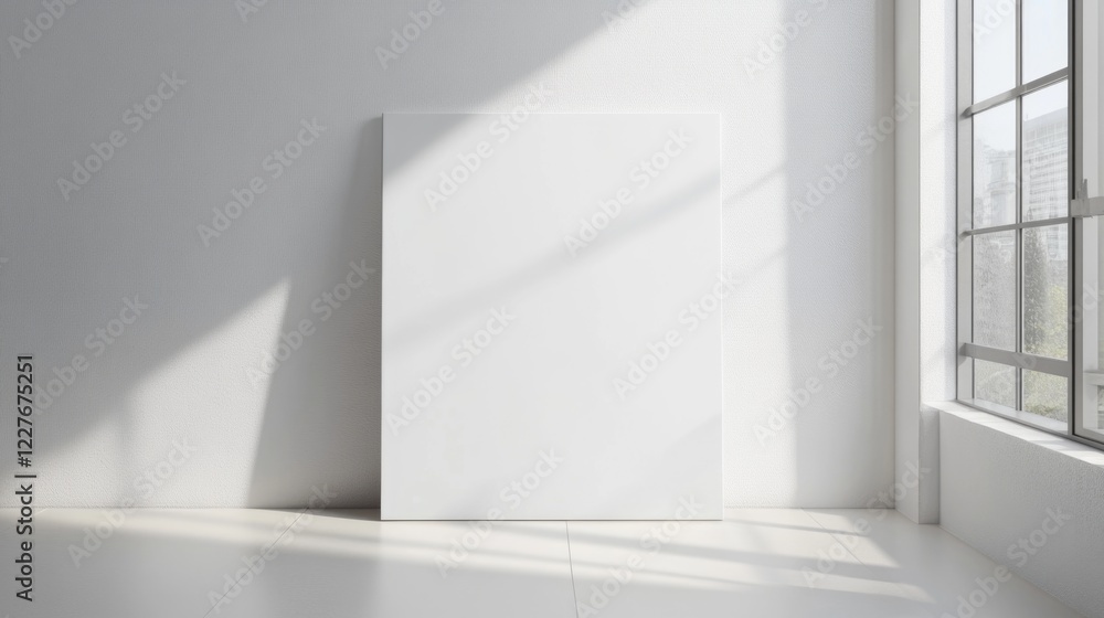 Minimalist living room interior featuring a blank canvas illuminated by natural light from large windows Minimalist living room interior featuring a blank canvas illuminated by natural light from large windows