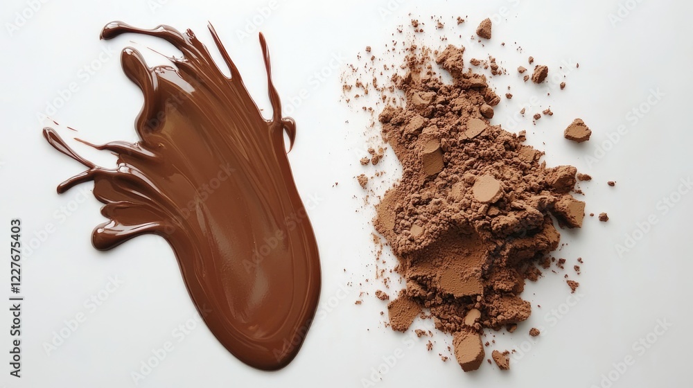 Fototapeta premium Melting chocolate and cocoa powder on a clean white background highlighting rich textures and culinary potential
