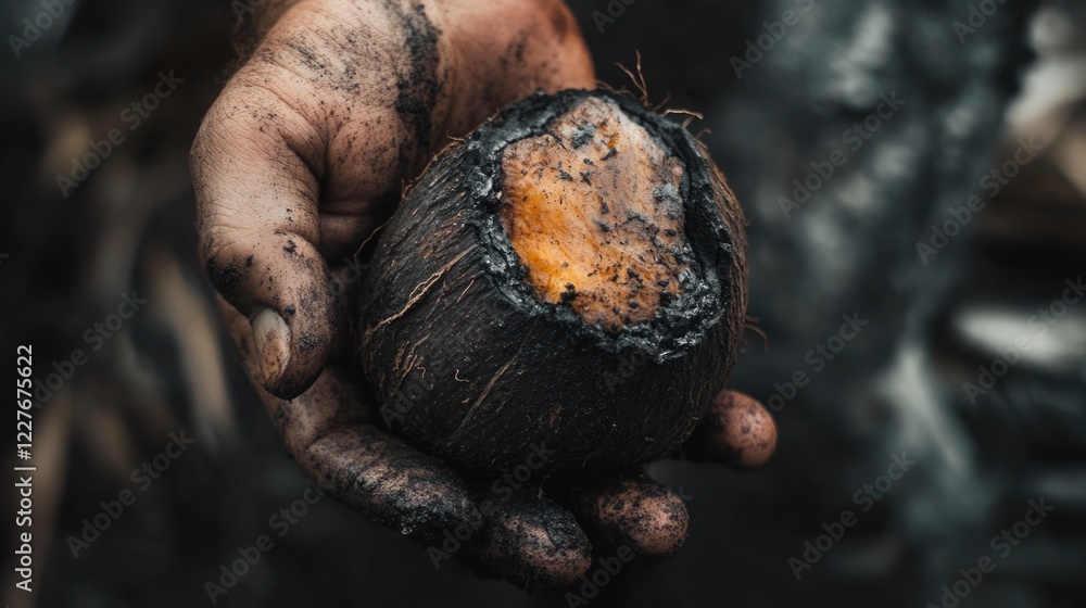 Obraz premium Hand holding a charred coconut showcasing cracked surface and earthy textures against a blurred natural background.