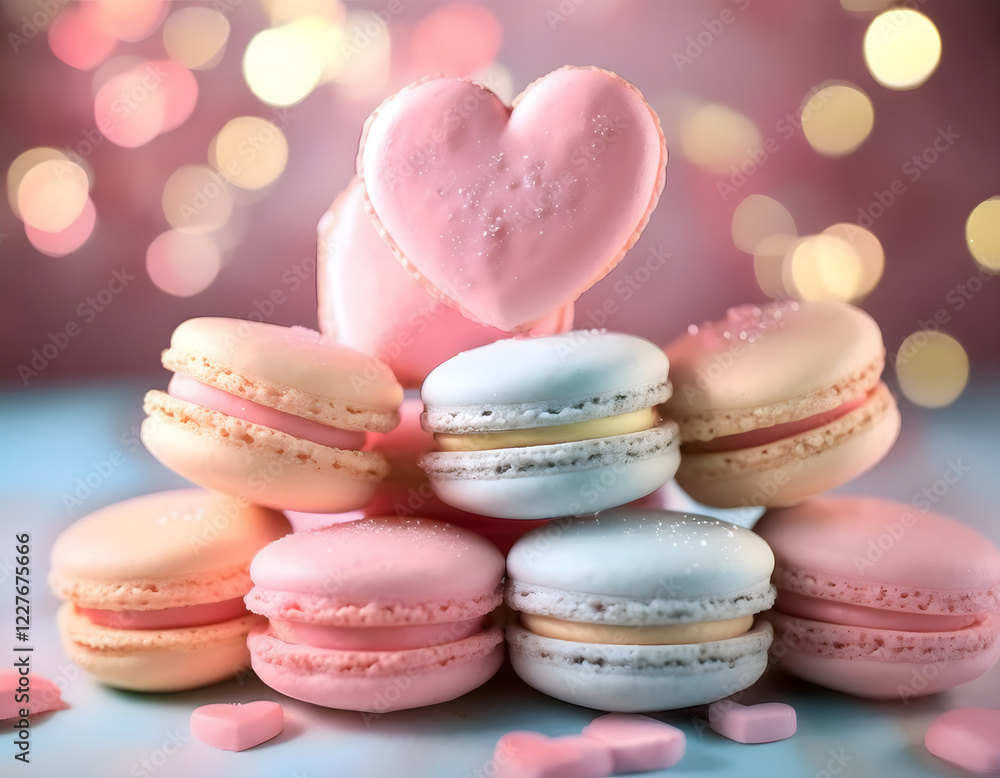 Pastel pink and white macarons, some heart-shaped, stacked on a plate with soft focus background and small heart confetti Pastel pink and white macarons, some heart-shaped, stacked on a plate with soft focus background and small heart confetti