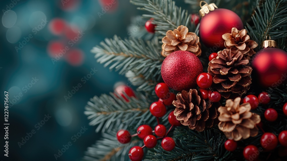 Fototapeta premium Christmas flat lay arrangement with festive decorations including ornaments pine cones and berries on cool toned background with copy space
