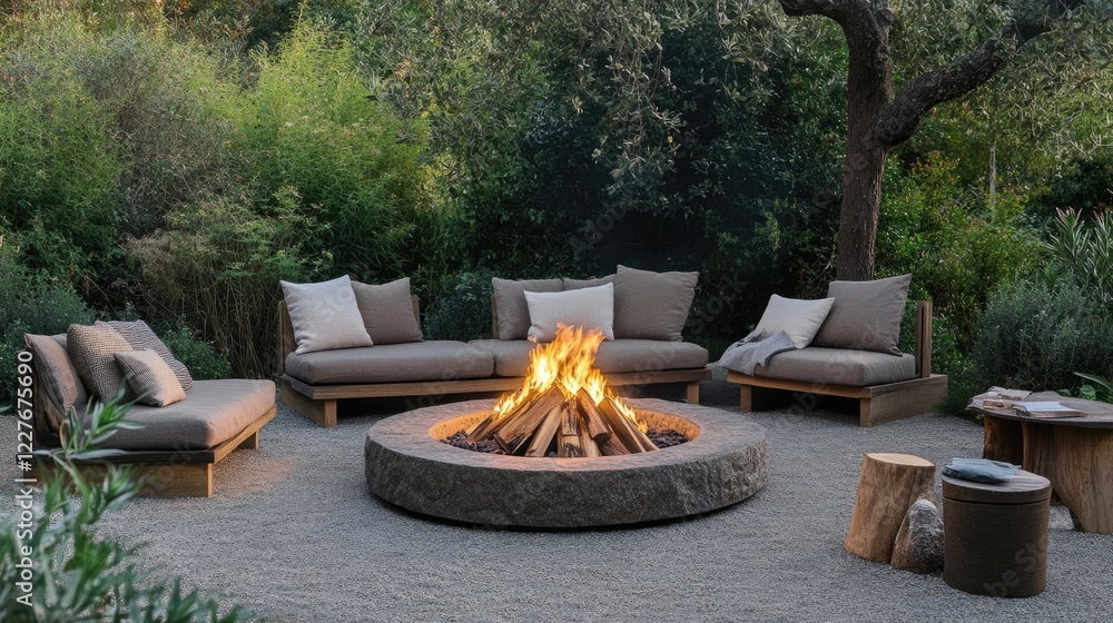 Fototapeta premium Cozy Outdoor Fire Pit Area with Comfortable Seating for Social Gatherings and Relaxation in a Natural Setting
