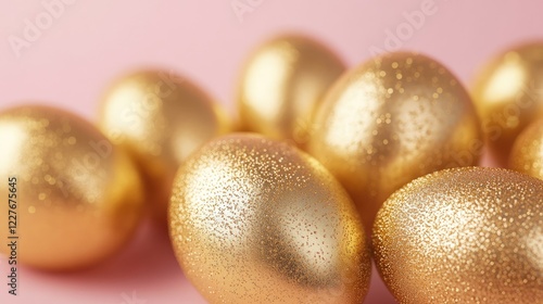 Close up of shiny golden Easter eggs with varied textures on a soft pink pastel background featuring ample space for text and design elements