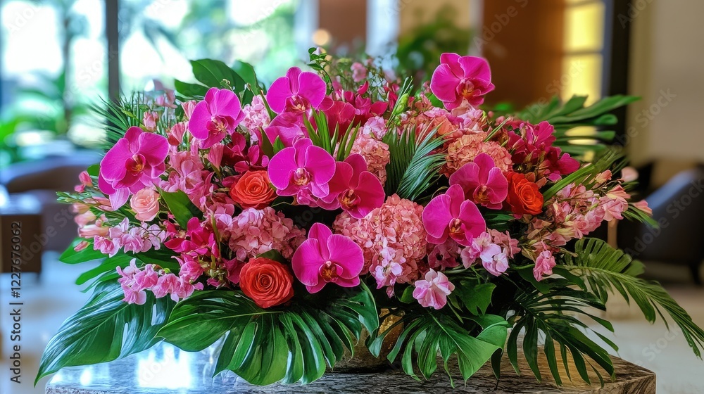 Fototapeta premium Exquisite tropical orchid bouquet displaying vibrant pink and red petals in a luxurious lush setting embodying natural beauty and elegance.