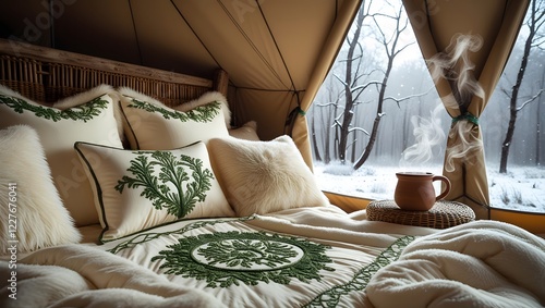 Cozy tent interior with warm bedding in a snowy forest, evoking serene winter camping vibes. photo