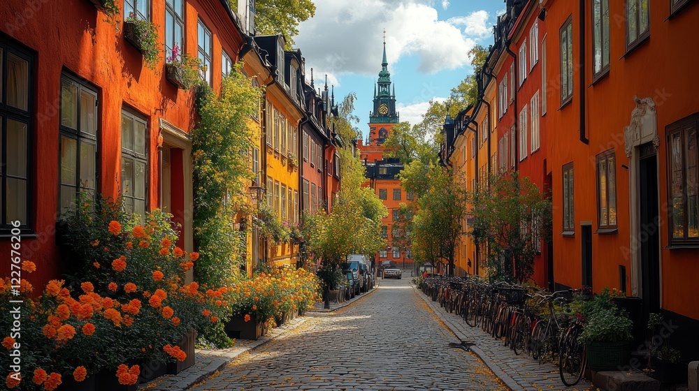 Obraz premium Charming European Street with Colorful Buildings and a Church in the Distance