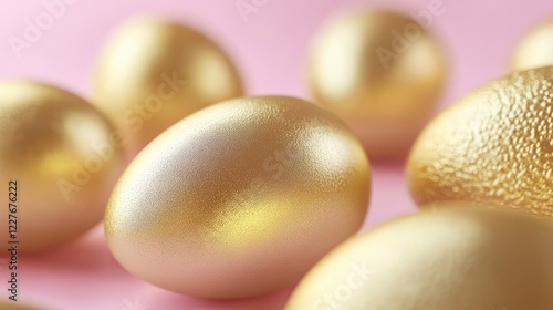 Golden Easter eggs with smooth and bumpy textures arranged on a soft pink pastel background ideal for festive themes and greetings.