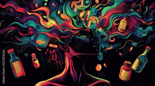 Substance-Related Disorders Depicting Addiction and Mental Health Struggles. Abstract Representation of Substance Use Disorder: Dependency Alcohol, Drugs, and Other Substances. Aversion to medication
