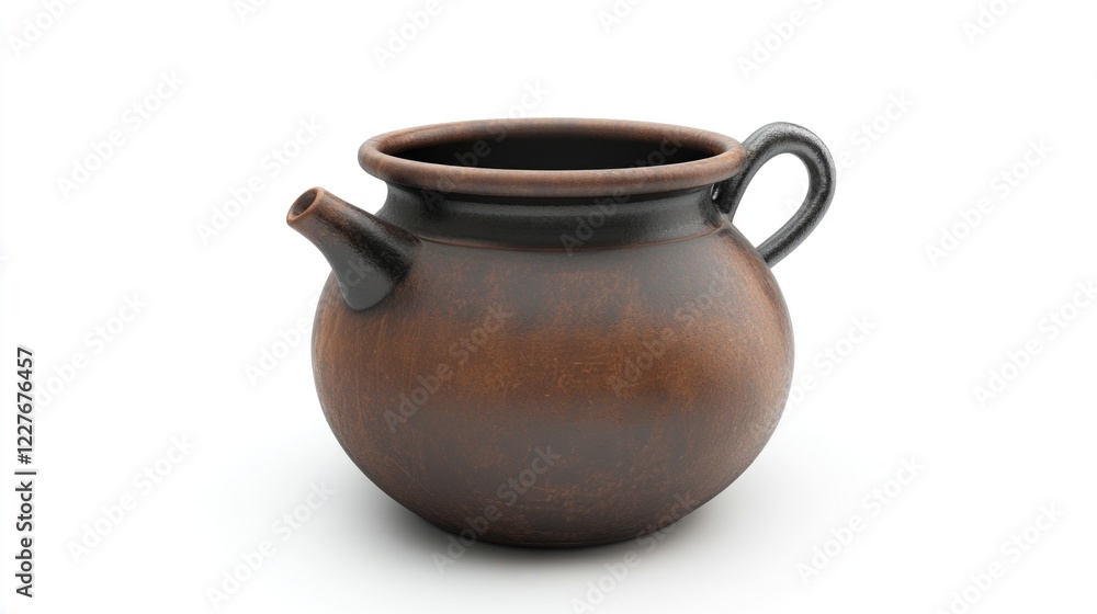 Ceramic magic pot with metal handle and spout against a clean white background showcasing traditional craftsmanship and design. Ceramic magic pot with metal handle and spout against a clean white background showcasing traditional craftsmanship and design.