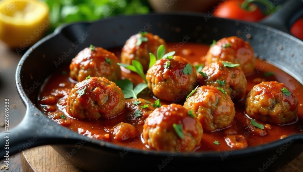 flavorful meatball skillet, meatballs, tomato sauce, spices flavorful meatball skillet, meatballs, tomato sauce, spices