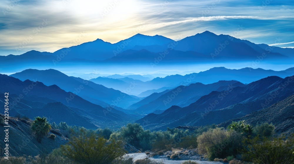 Tranquil mountain landscape with layered peaks and soft blue hues under a serene sky at sunrise or sunset Tranquil mountain landscape with layered peaks and soft blue hues under a serene sky at sunrise or sunset