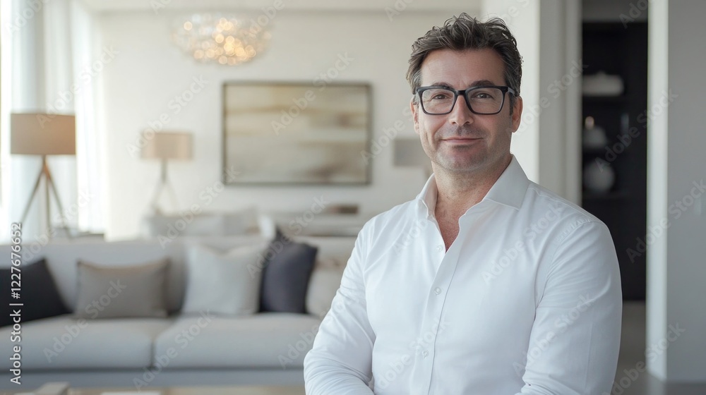 Modern professional man in a minimalist living room with white walls and contemporary decor, conveying a relaxed and sophisticated atmosphere. Modern professional man in a minimalist living room with white walls and contemporary decor, conveying a relaxed and sophisticated atmosphere.
