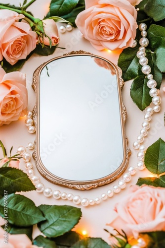 A vintage mirror surrounded by delicate pink roses and pearls, creating an elegant and romantic aesthetic.