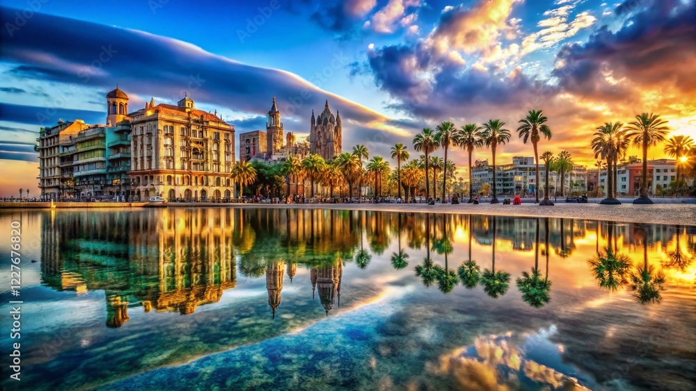 Naklejka premium Barcelona Beach Double Exposure: Iconic Buildings Reflected in Water