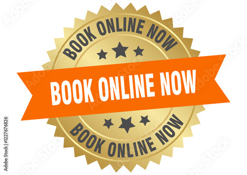 book online now. book online now round orange and gold label isolated on transparent background