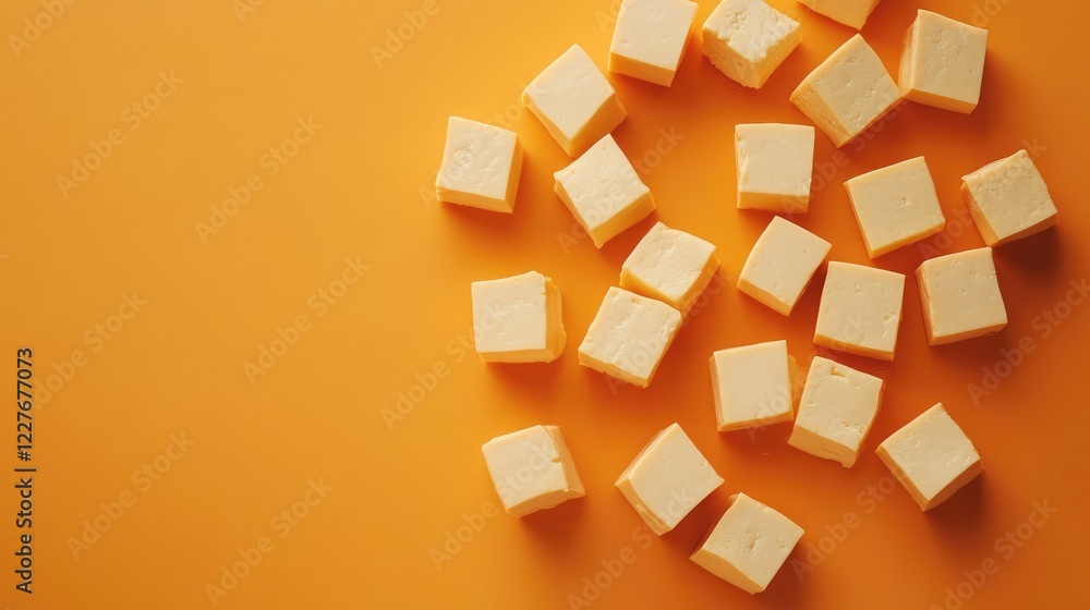 Minimalist Arrangement of Raw Tofu Cubes on a Vibrant Orange Background for Culinary and Food Photography Use Minimalist Arrangement of Raw Tofu Cubes on a Vibrant Orange Background for Culinary and Food Photography Use