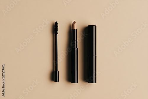 Black mascara, lipstick and eyeliner on beige background photo