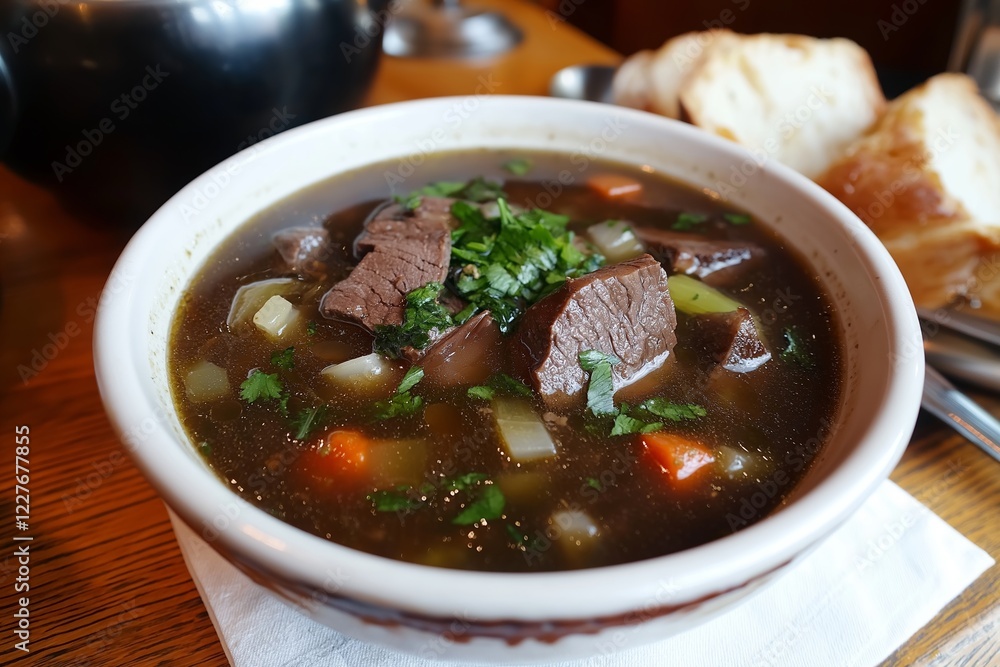 A hearty bowl of Rindsuppe, featuring tender beef, fresh vegetables, and aromatic herbs, perfect for a comforting meal. Served with crusty bread on the side. A hearty bowl of Rindsuppe, featuring tender beef, fresh vegetables, and aromatic herbs, perfect for a comforting meal. Served with crusty bread on the side.