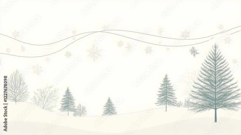 Fototapeta premium Winter landscape with snow, trees, and subtle lines.