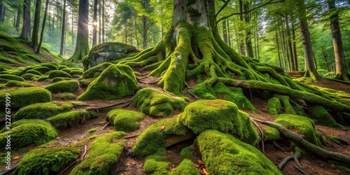 Dense green moss covering a weathered rocky outcrop with twisted tree roots , rock, wilderness photo