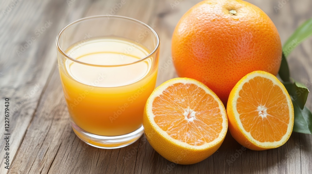 Freshly squeezed orange juice served with ripe oranges on a wooden table for a healthy organic beverage option Freshly squeezed orange juice served with ripe oranges on a wooden table for a healthy organic beverage option