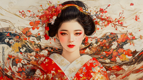 A beautiful woman with red flowers in her hair exudes autumn glamour