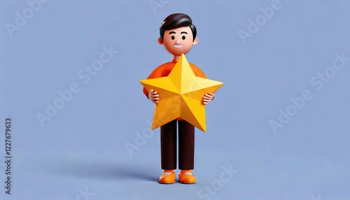 Smiling Boy Holding a Golden Star: Cheerful 3D Cartoon Illustration