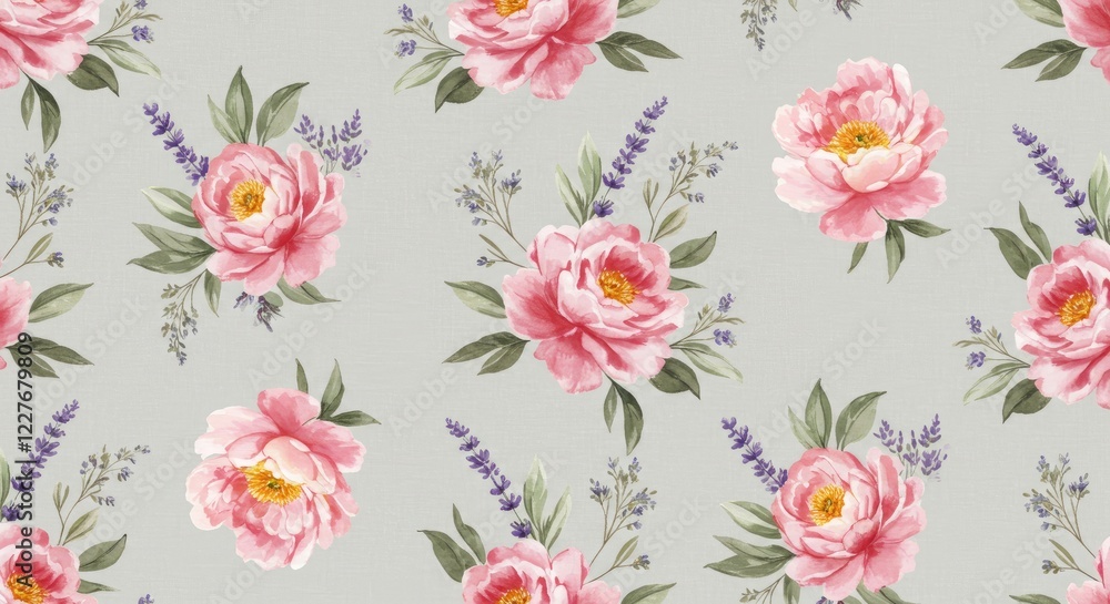 Pink Peonies and Lavender Seamless Pattern: A charming watercolor-style floral pattern featuring delicate pink peonies and sprigs of lavender on a soft gray background. Pink Peonies and Lavender Seamless Pattern: A charming watercolor-style floral pattern featuring delicate pink peonies and sprigs of lavender on a soft gray background.