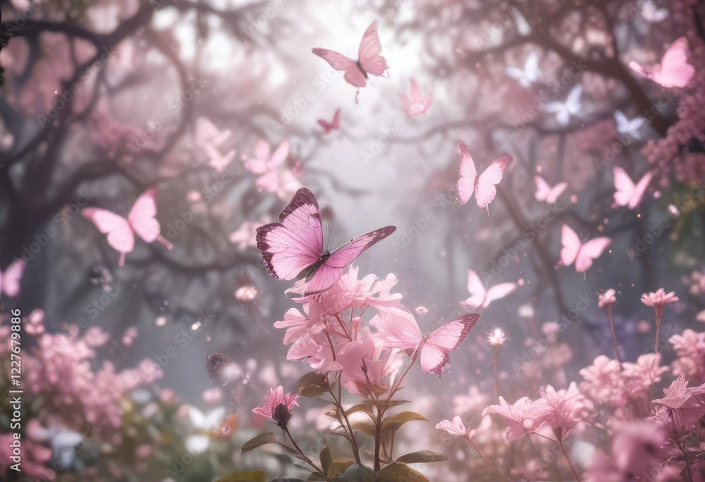 Soft light pink glow with bokeh of fluttering butterflies and soft focus mist, soft light pink, whimsical scene Soft light pink glow with bokeh of fluttering butterflies and soft focus mist, soft light pink, whimsical scene