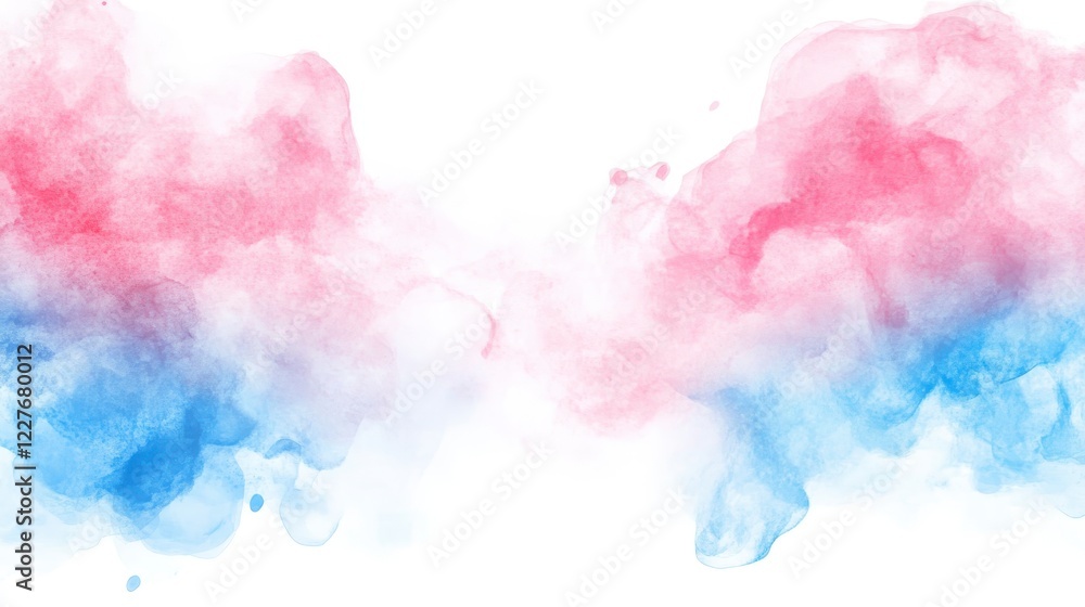 Fototapeta premium Abstract watercolor painting in pink, red, and blue hues. Soft, blended colors create a dreamy atmosphere. The colors transition smoothly, forming a