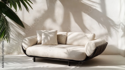 Cozy minimalist living room with beige sofa and soft shadows from tropical plants on a bright wall for stylish interior design mockup